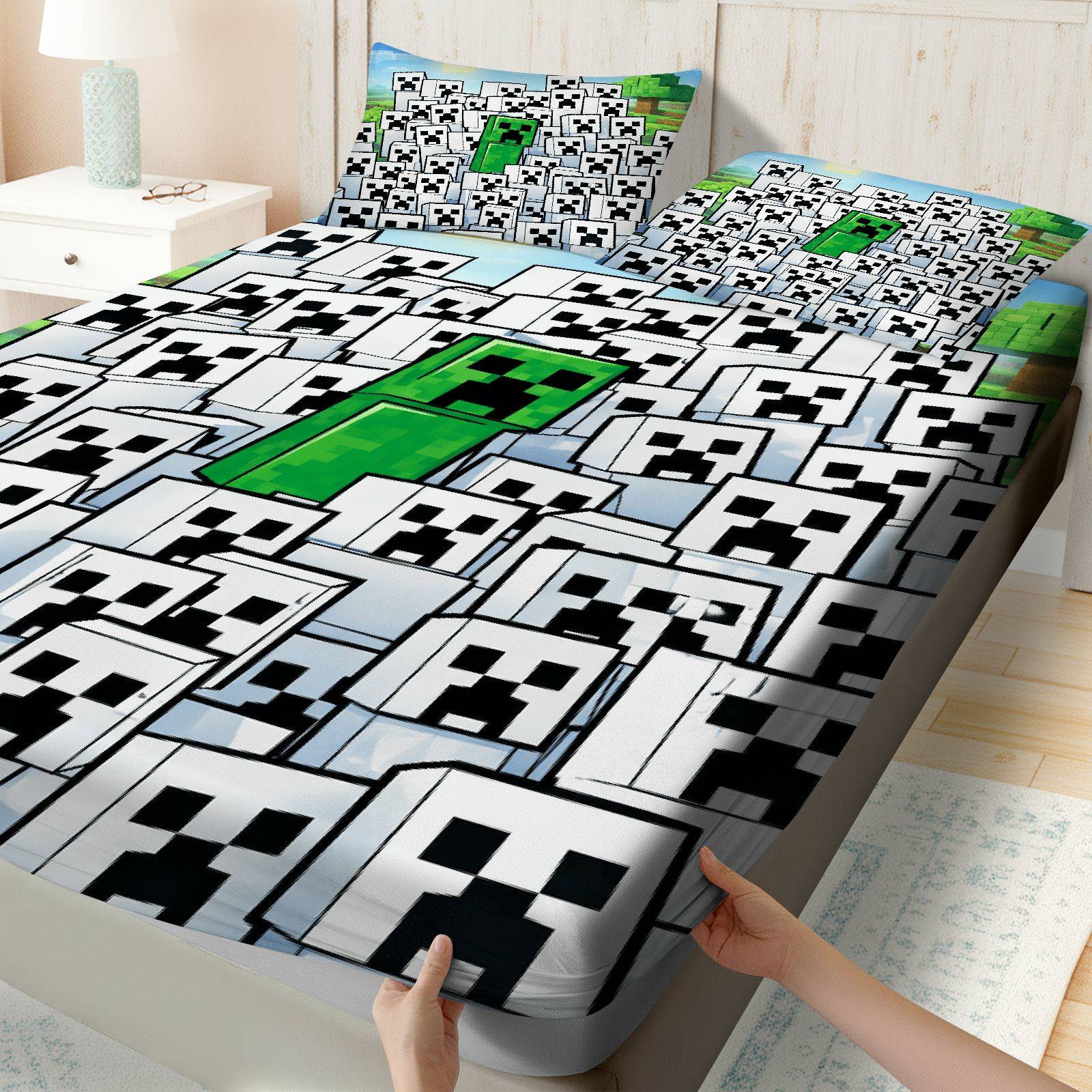 3Pcs Pixel Creeper Gaming Fitted sheet Three Piece Set (1*Fitted Sheet+2*Pillowcases, Coreless), Halloween theme, Minecraft Bedding Set, Mattress protector Soft, Breathable