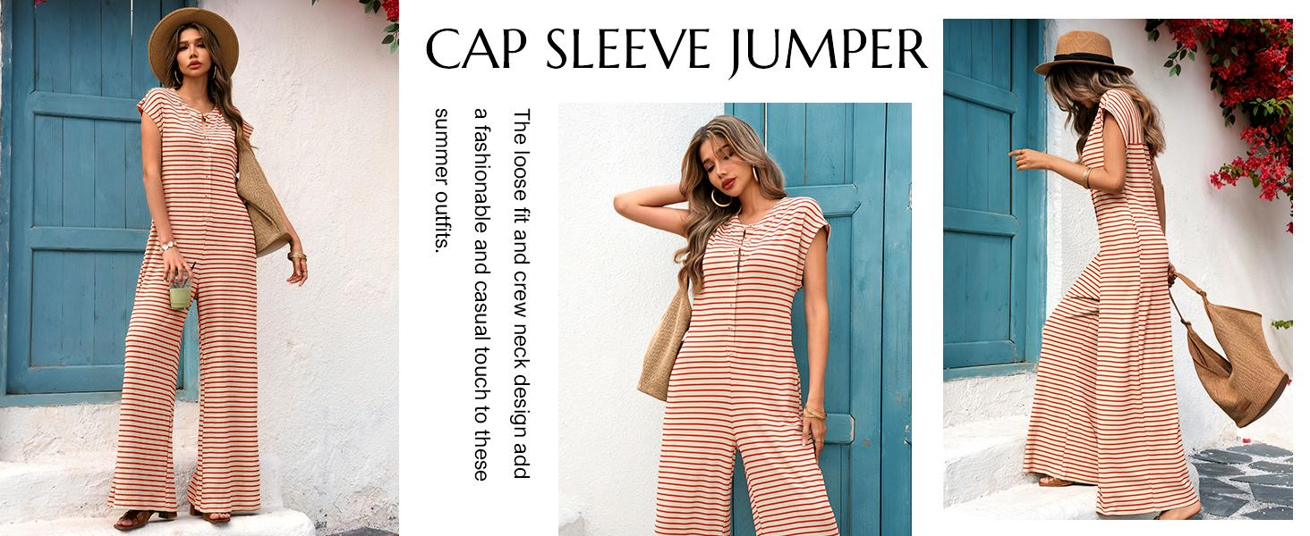 Cicy Bell Womens Casual Striped Jumpsuits Summer Cap Sleeve Wide Leg Jumper Romper Button Down Travel Beach Outfits