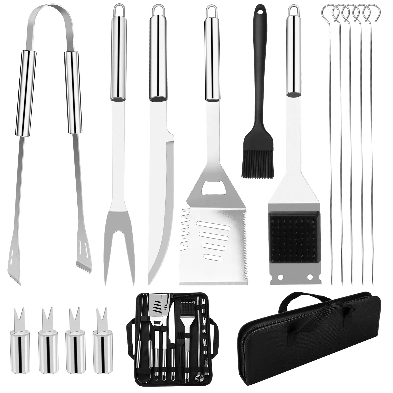 15Pcs Portable Stainless Steel BBQ Grill Set with Various Tools, Easy Clean Outdoor Camping Utensils & Carrying Bag