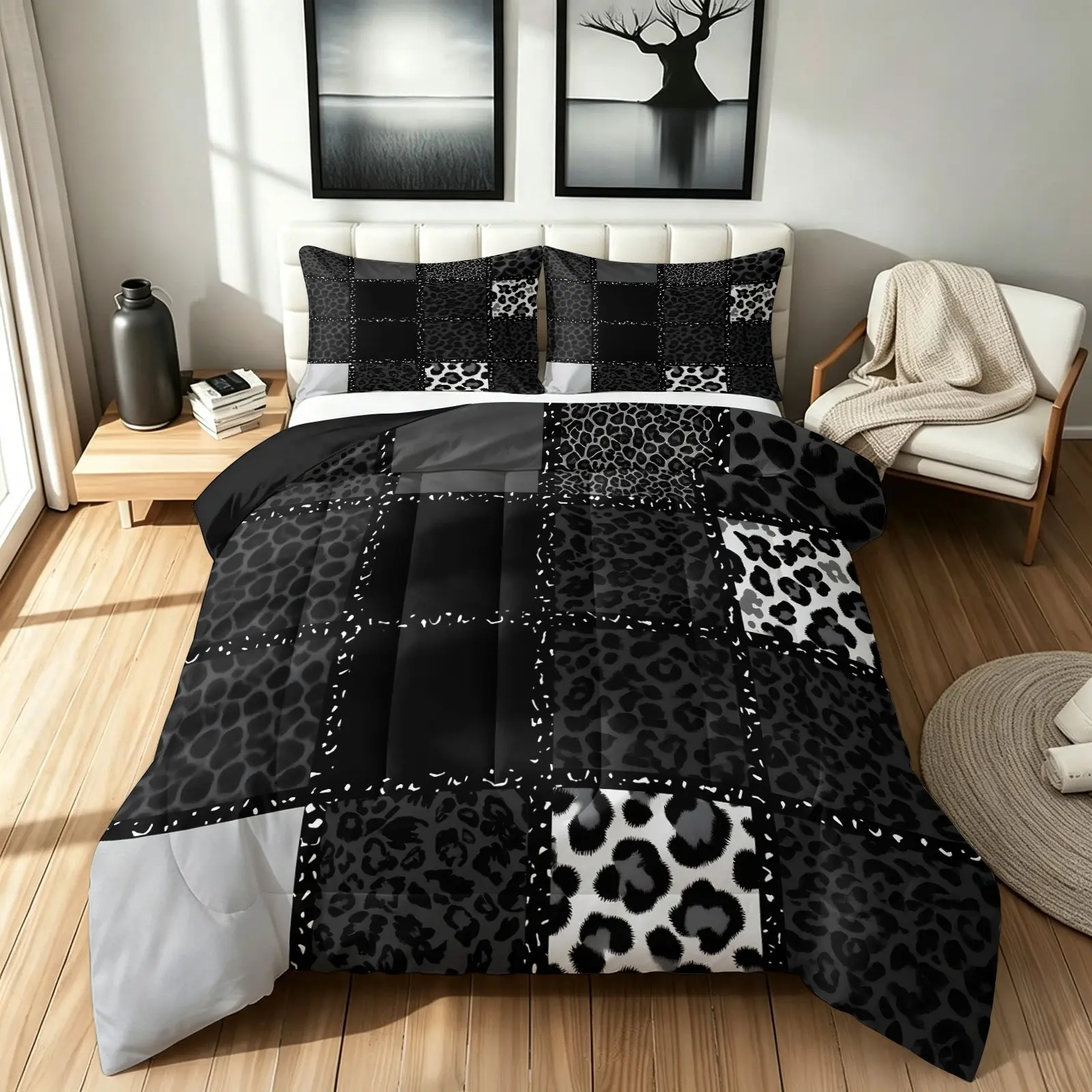 Y2K Black White Patchwork Leopard Comforter Set, Edgy Mixed Panel Pattern, Fluffy Silk Cotton Filling, 1 Comforter & 2 Pillowcases, Multiple Sizes Available, Cool Alt Bedding, Patterned Bedding Set, Unique Decor for Teen Dorm Room