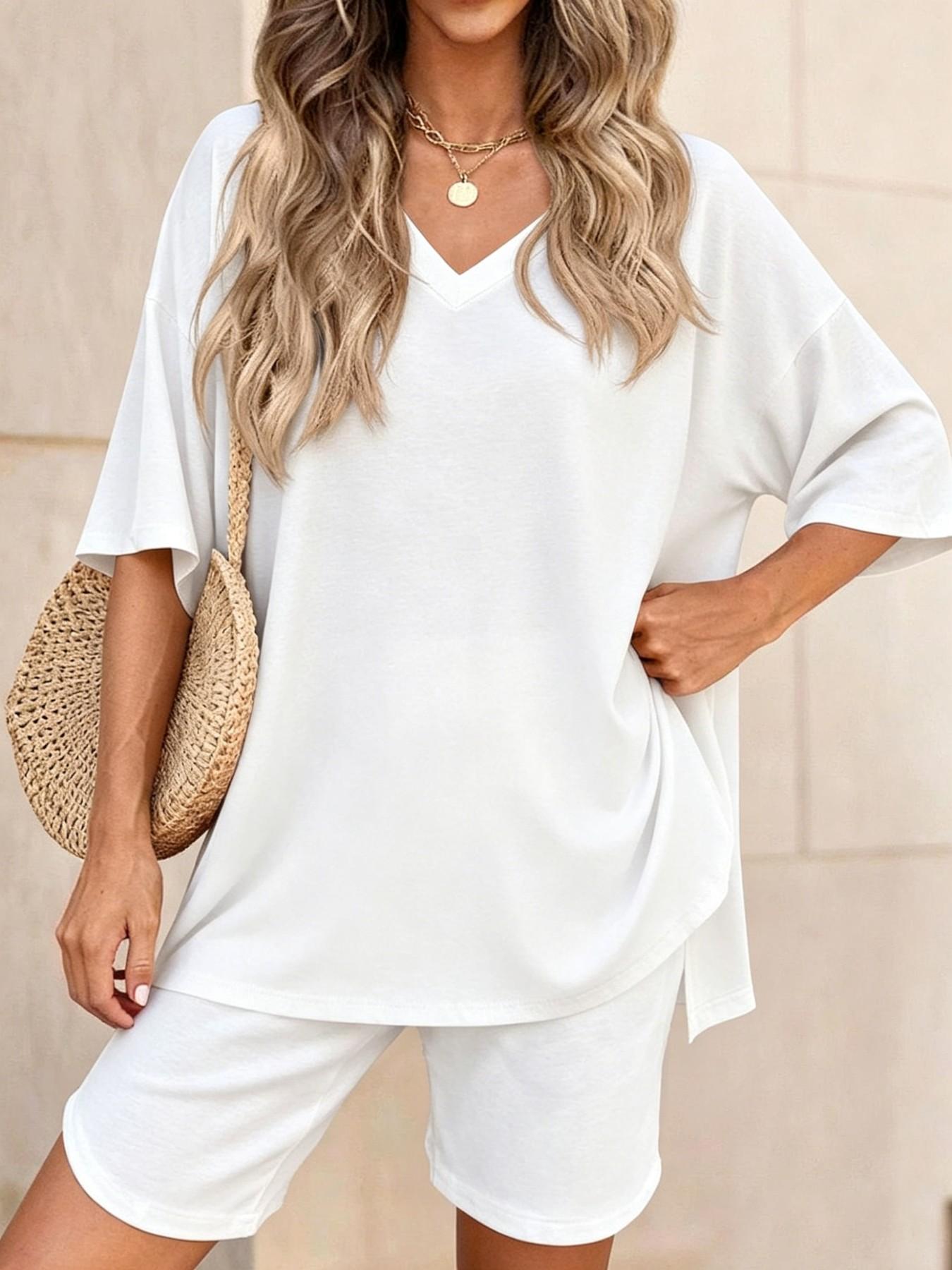 2026 Summer New Arrival Women's V Neck Solid Color Loose Shorts Pajama Set, Fashion Casual Loungewear, Comfortable Soft Sleepwear