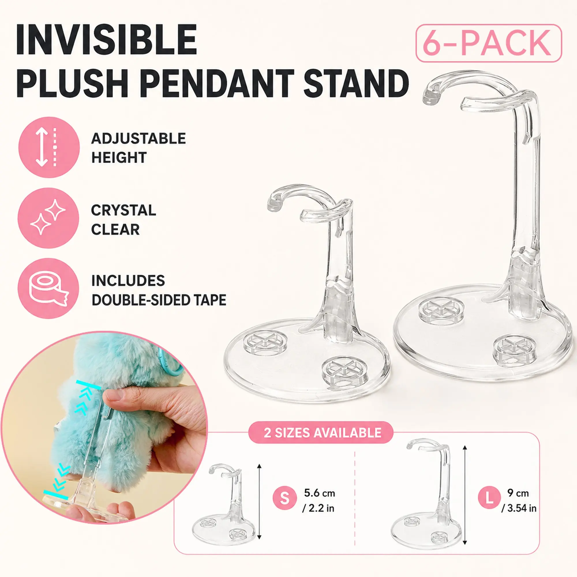 6 Piece Set Transparent Round Adjustable Stand Holder, Ideal for Various Plush Toys, Includes Adhesive Base for Stable Display