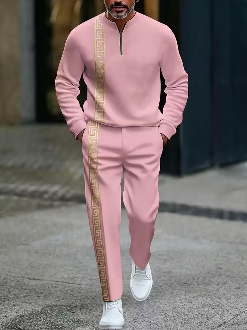 Men's European American-Style Sportswear Set Half-Zip Top & Matching Trousers Golden Greek Fretwork Design Comfortable Fabric for Daily Streetwear