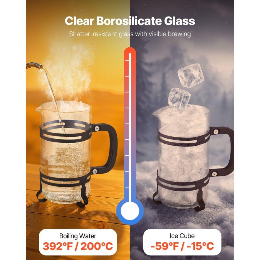 VEVOR 34oz Borosilicate Glass French Press Coffee Maker, Stainless Steel Filter, Detachable Anti-Drip Spout, Cold Brew Tea Maker for Gatherings Home Camping, Silver 1L Hand Tool Accessory