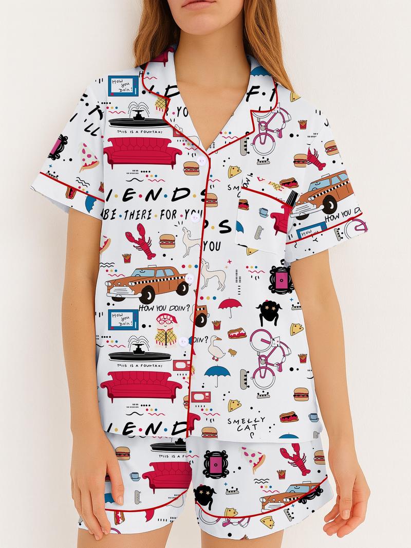 Women's Friends TV Show Sleepwear Loungewear Set, Spring Lapel Shirt & Pants Two-Piece, Short Sleeve Shorts, Party Wear, Fitted Pop Art Print