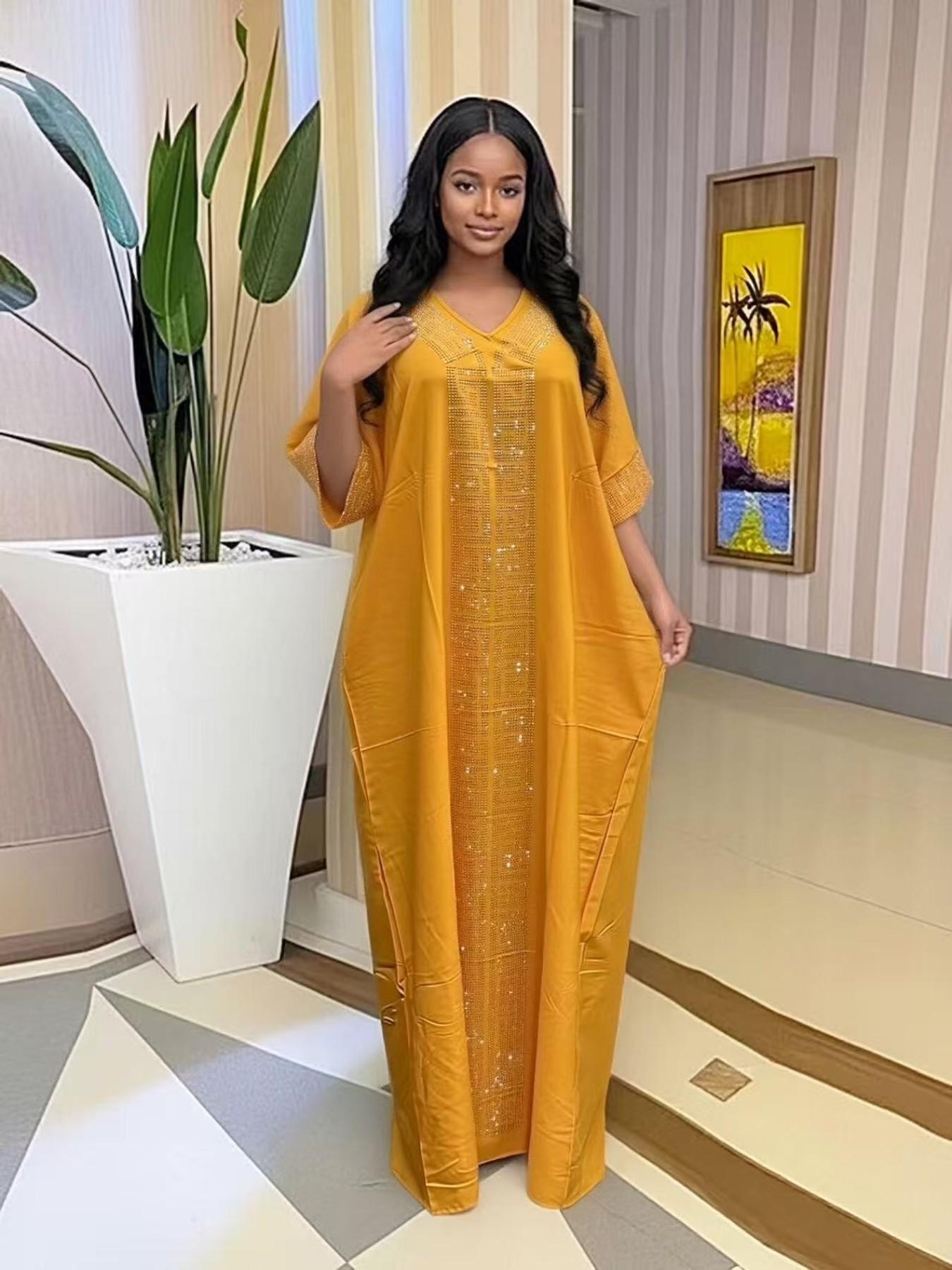 2026 African Nigerian Style Women's Islamic Clothing Rhinestone Loose Boubou Kaftan Dress, Elegant Solid Color, Muslim Ethnic Robe with Matching Scarf & Pockets, Daily Party Wear 2026 African Nigerian Style Women's Islamic Clothing Rhinestone Loose Boubou Kaftan Dress, Elegant Solid Color, Muslim Ethnic Robe with Matching Scarf & Pockets, Daily Party Wear