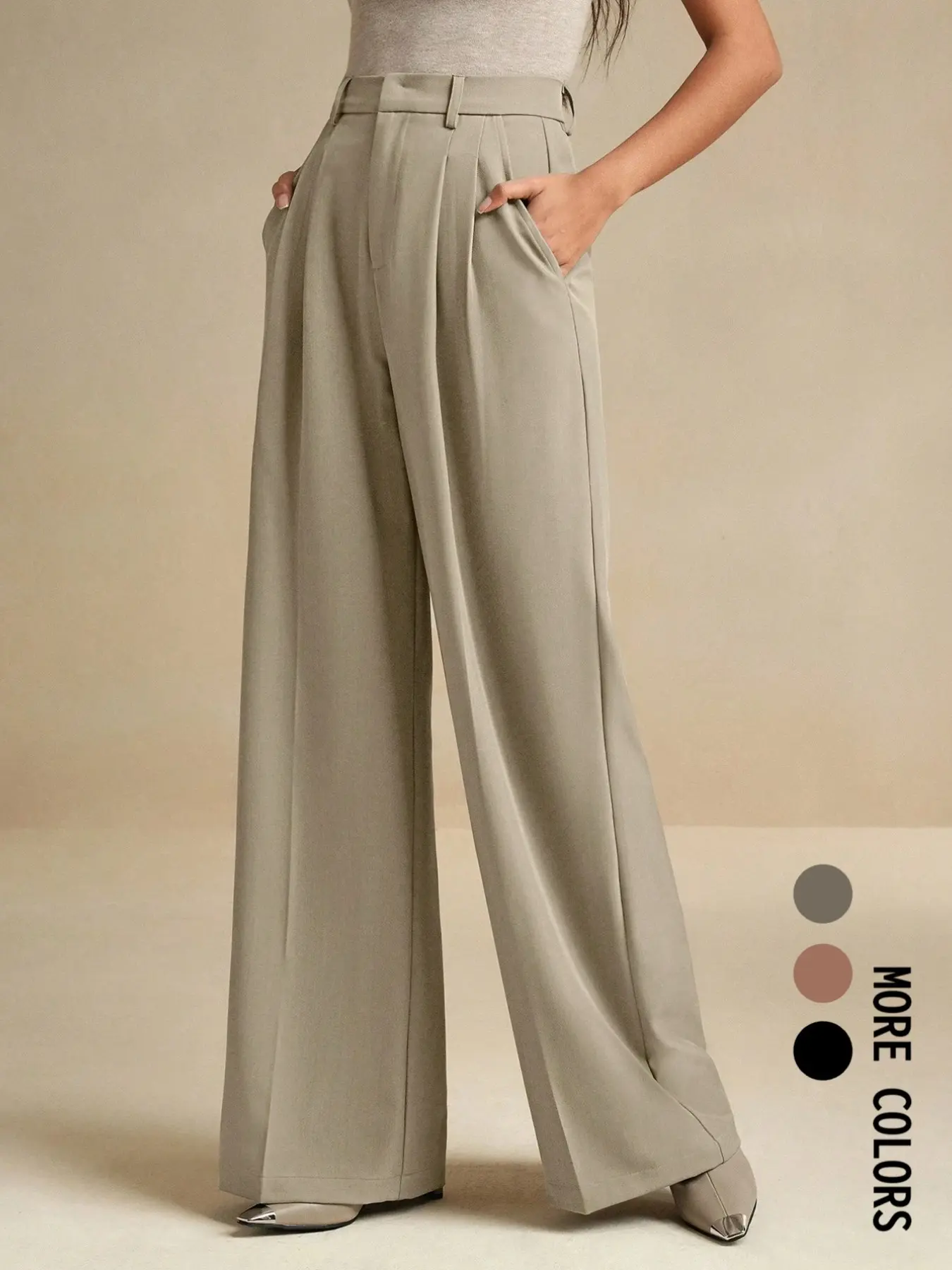 Women's Solid Color Loose Baggy Wide Leg Pleated Pants, Elegant Fashion Casual Pants, Suitable for Office Business Wear, Four Seasons Women's Bottoms, All Seasons Trousers