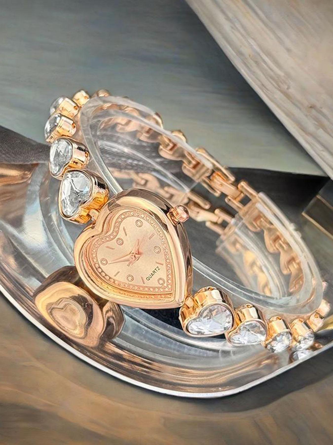 1 heart-shaped diamond encrusted women's watch, niche fashion women's quartz watch, peach heart diamond bracelet watch