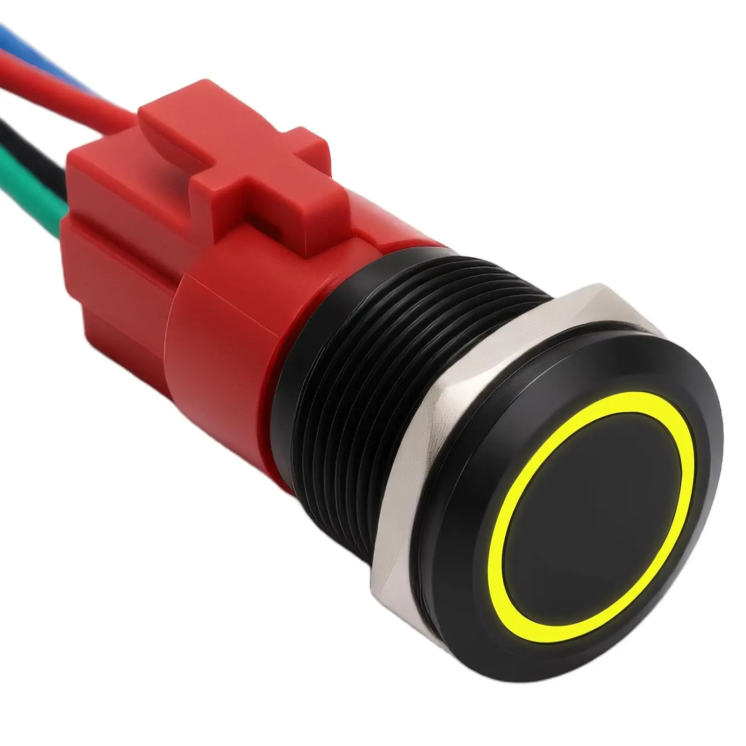 19mm Latching Push Button  12V DC  Off Black Shell Self-Locking with LED Angel Eye  for 0.74" Mounting Hole with Wire Socket Plug (Black Shell Yellow LED)