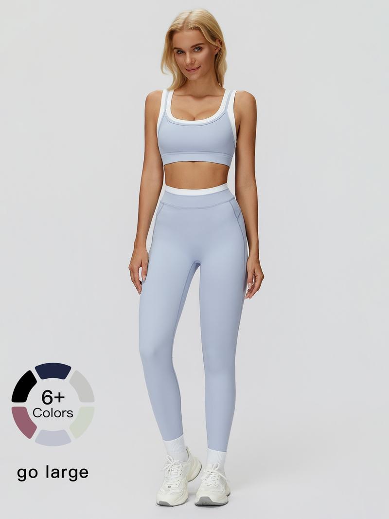 Women's Two-Piece Colorblock Yoga Set, High-Waisted Ribbed Casual Fitness Sportswear, Versatile for Gym Workout