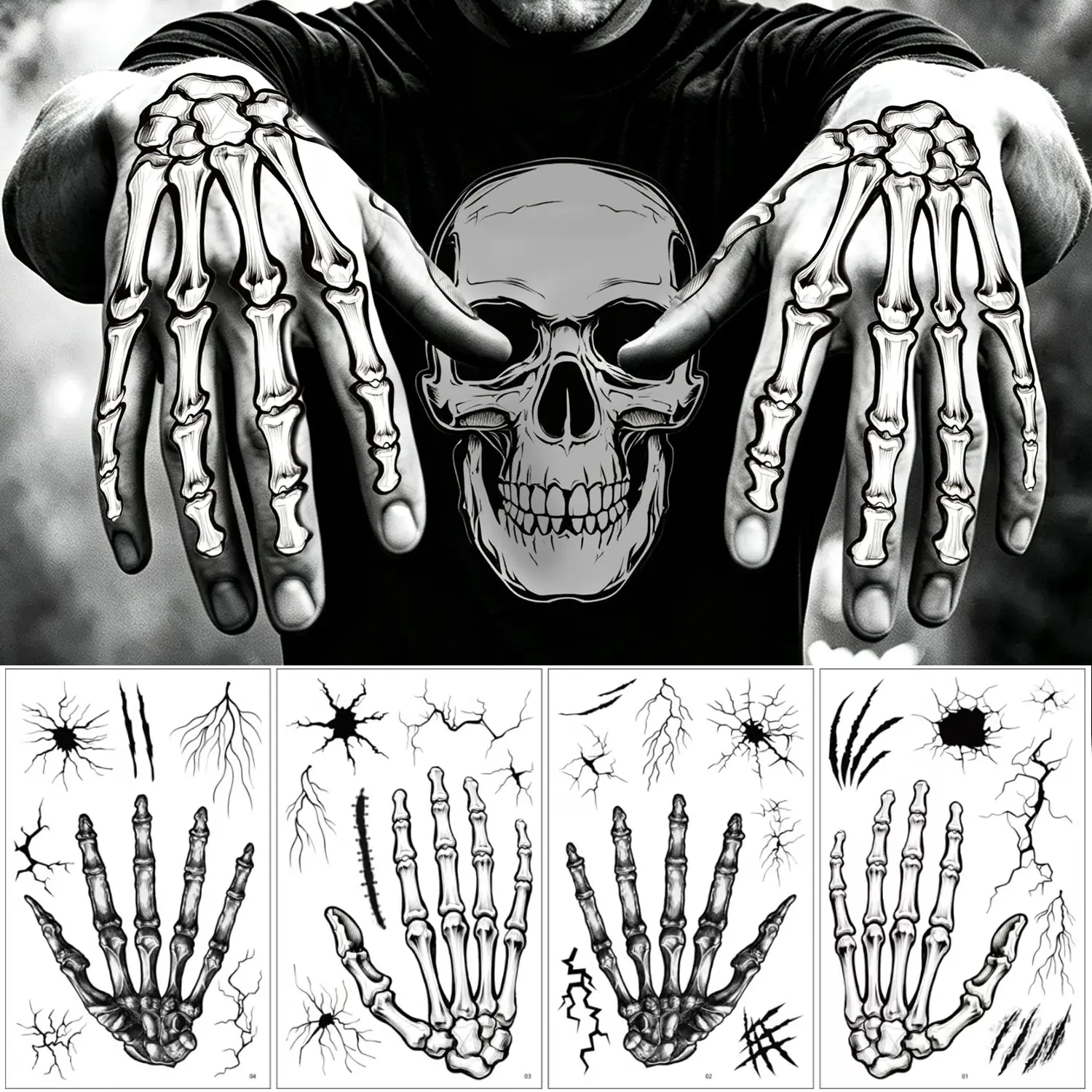 4 Sheets, Halloween Skull Hand Bone Tattoo Stickers, Skeleton Crack Vein Lightning Pattern, Waterproof and Realistic, Suitable for Party Temporary Makeup
