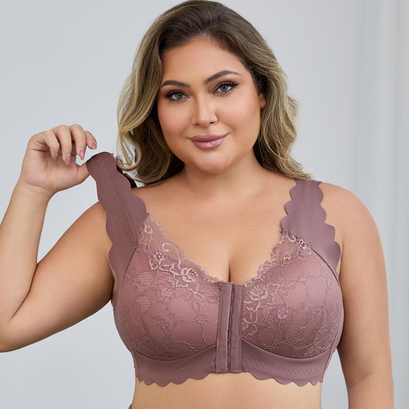 SERACAL 1 Piece Women's Plus Size Floral Lace Front Buckle Wireless Push Up Bra Thin Three Quarter Cup Underwear for Daily Wear