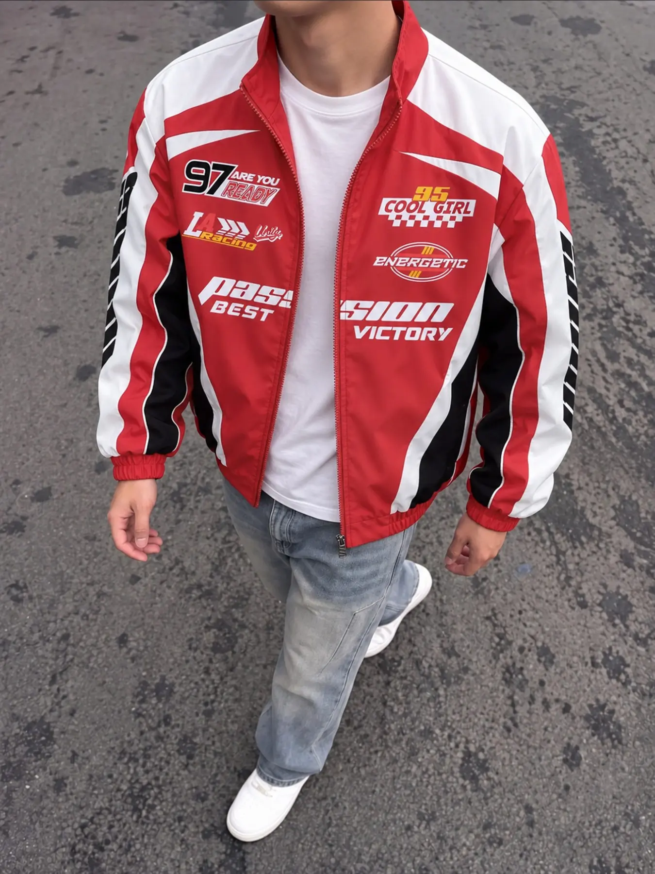 Trendy Racing Style Stand Collar Jacket, Colorblock Design, Race Print, Windproof, Zipper Closure, Loose Fit, Casual, Streetwear, Motorcycle Look