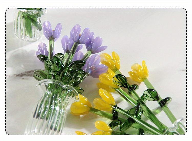 1 set (7 flowers+1 vase) glass simulation flower decoration ornaments, handcrafted mini glass flowers, DIY flower arrangement bouquets, faux flowers, Artificial mixed flower, Decorative Flowers Bouquet, suitable for gifting, event decorations