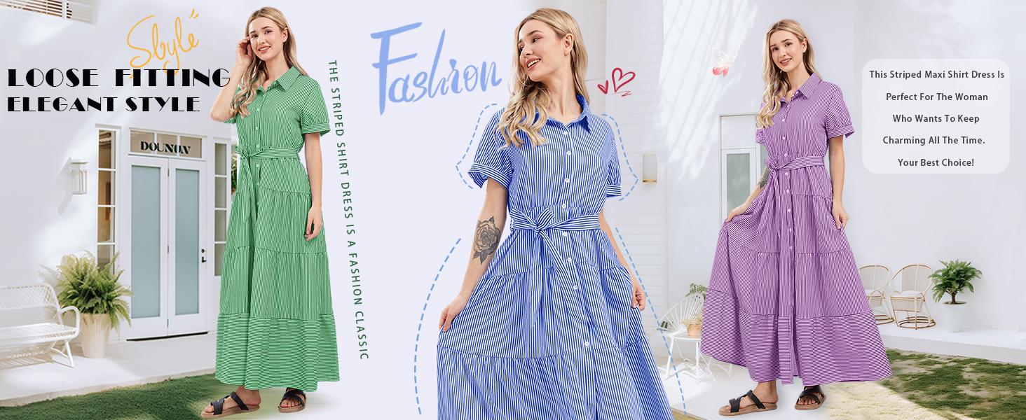 utcoco women's summer striped dress with tie waist ruffles long casual Shortsleeve Womenswear shirt dress SpringStatements utcoco women's summer striped dress with tie waist ruffles long casual Shortsleeve Womenswear shirt dress SpringStatements