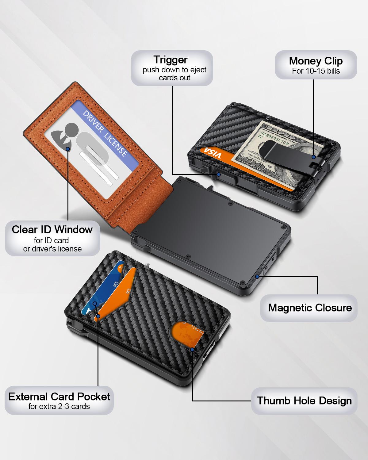 Men's Slim Minimalist Wallet with Money Clip - Holds 9-13 Cards, RFID Blocking Pop-Up Card Holder & ID Window, Aluminum Metal Bifold Wallet