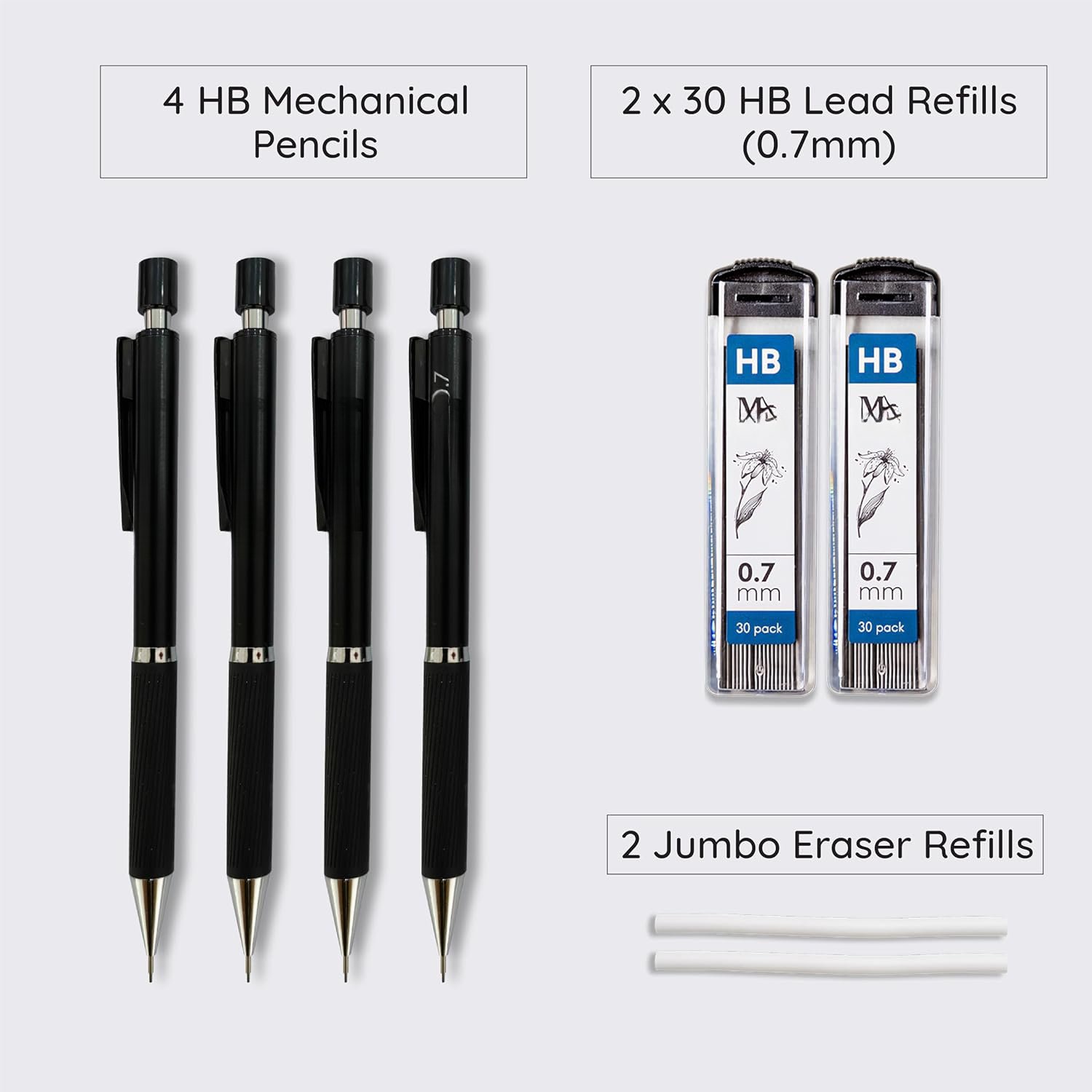 Mechanical Pencil 0.7mm Set 2x30 HB Lead & Eraser Pen Refills | Metal Mechanical Pencil with Lead & Eraser Refills – Sketch, Architecture, Drafting & Art for Students, Artists & Beginners