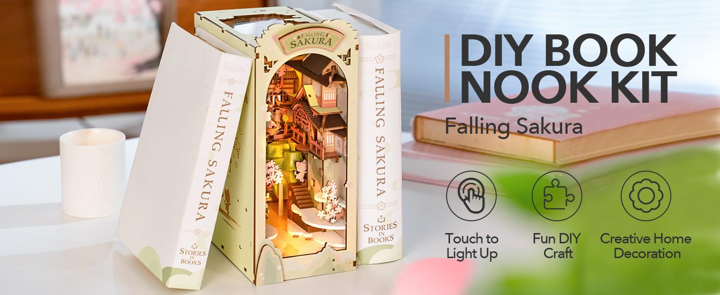 Robotime Rolife Book Nook Kits for Adults,3D Wooden Puzzle Bookshelf Decor Insert Alley DIY Miniature Booknook Model Craft Kits for Adults Gifts with LED on Birthday Christmas TGB05 Falling Sakura