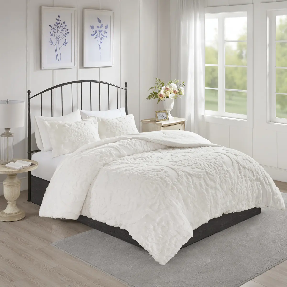 Nokaa 3-Piece Tufted Cotton Chenille Damask Comforter Set – Off-White Full/Queen, Soft Lightweight Bedding with Decorative Pillow Shams, Elegant Bedroom Decor, Machine Washable, Oeko-Tex Certified