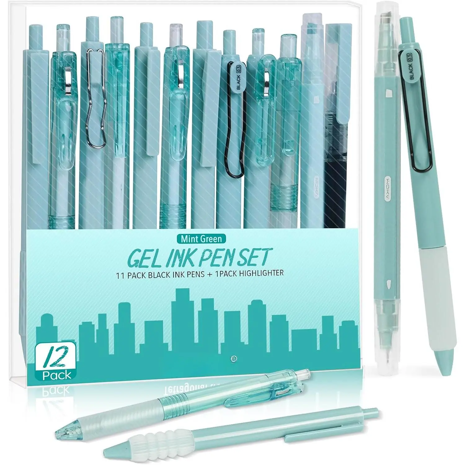 12 count Gel Pens Set, Quick Dry Ink Pen Fine Point Black 0.5mm, Aesthetic Retractable Rolling Ball Pen Smooth Writing for Journaling (Green)