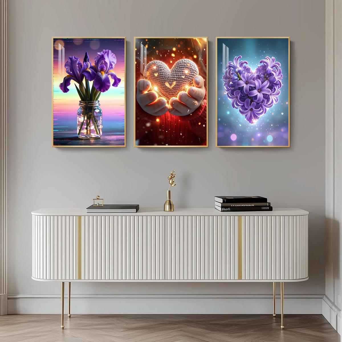 3 Counts Aluminum Alloy Framed Painting, Purple Irises And Glowing Heart Flower Art Pictures, Home Decoration For Living Room, Bedroom, Office, Restaurant, Hallway Wall Decor, Odorless Print Artwork, Luxury Perfect Gift For Friends And Family