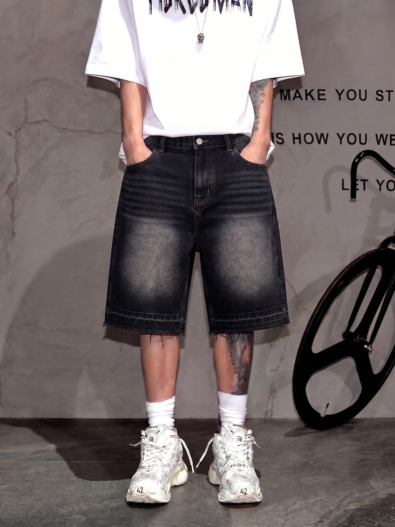 Men's Retro Washed Distressed Denim Jean Shorts, Casual Straight Fit, Vintage Distressed Bleached Design with Frayed Hem, Y2K American Streetwear Denim Shorts