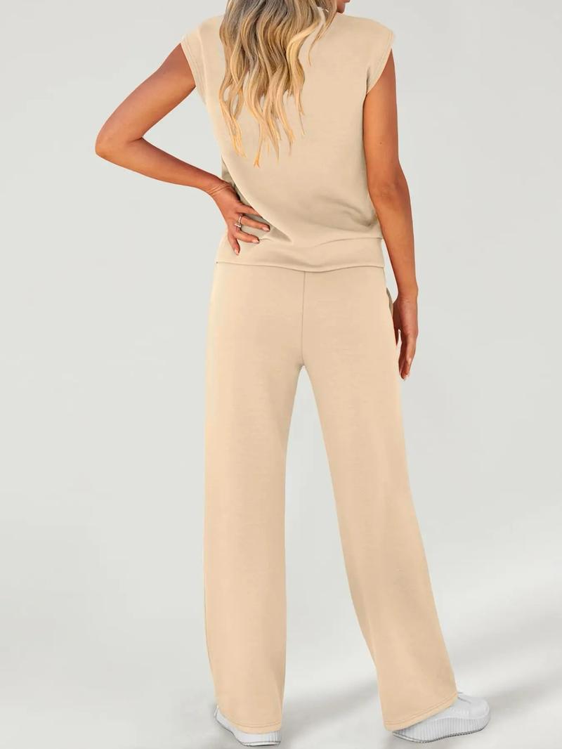 Women's Solid Tank Top & Drawstring Waist Pants Two-piece Set, Casual Sleeveless Round Neck Top & Trousers for Daily Wear, Ladies Two-piece Outfits for All Seasons, Clothes, Womenswear