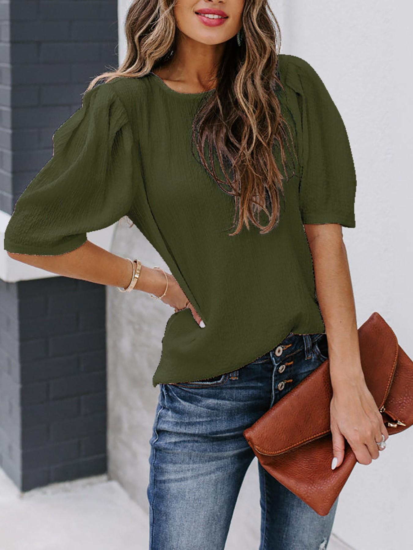 French Bubble Sleeve Solid Color T-Shirt for Women, Summer Simple Round Neck Short Sleeve Top, European and American Style Casual Basic Shirt