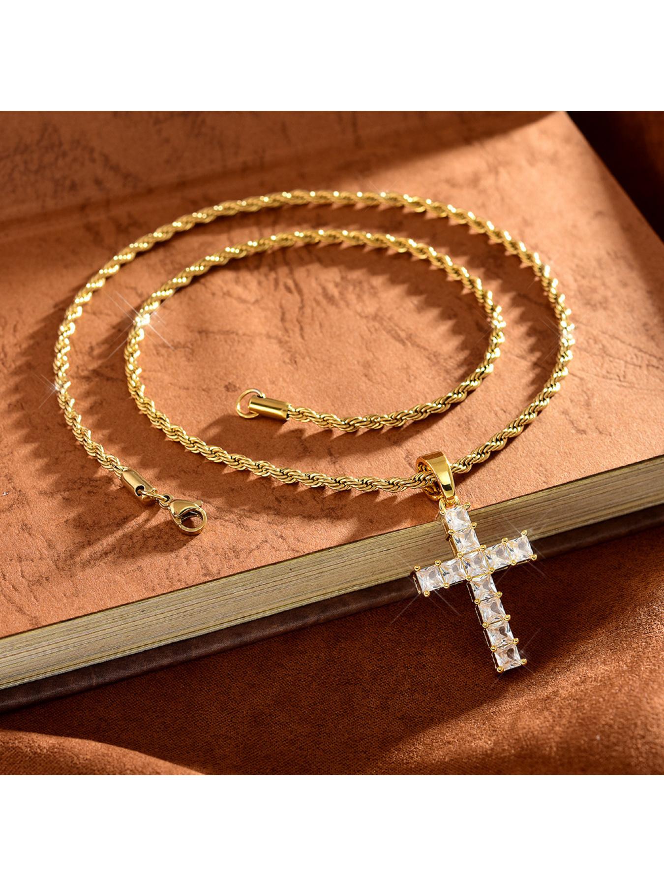 Cross necklace with copper inlay and zirconia cross pendant