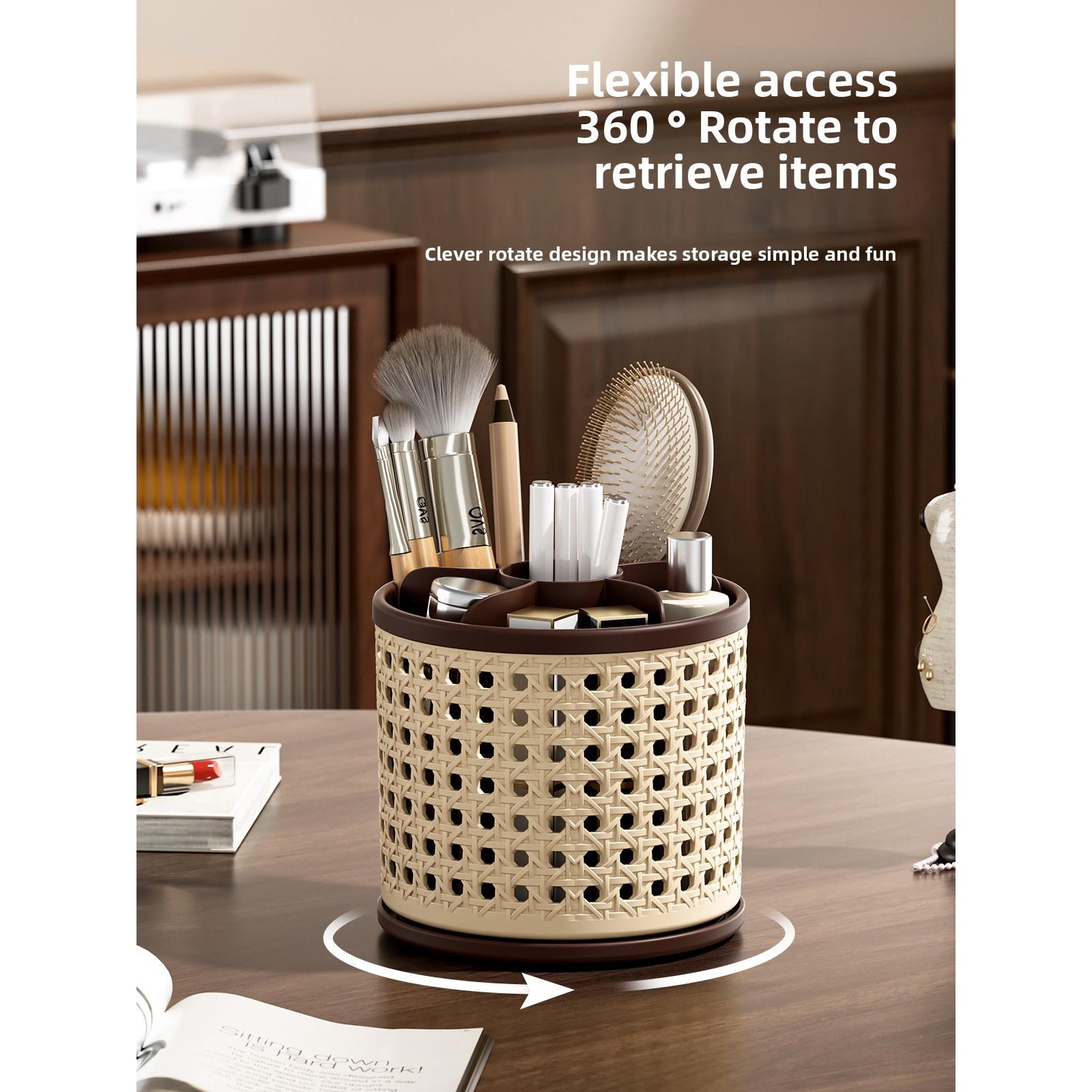 360° Rotating Pen Holder, Spacious Desktop Organizer for Students, Makeup Brush Storage Box, Independent Compartments, Vintage Style Design