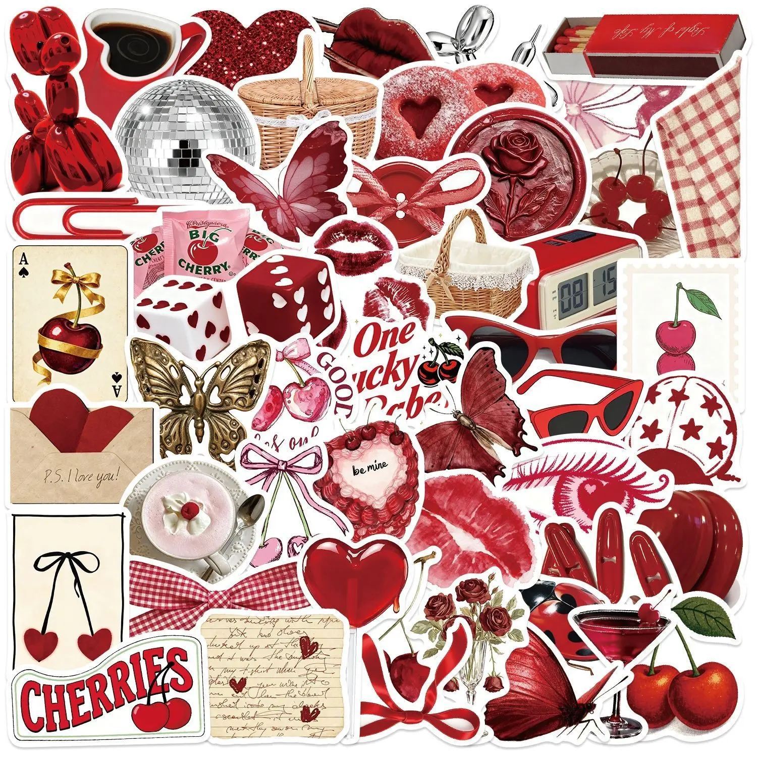 50 Cartoon Retro Cherry Color Girl Stickers, Waterproof PVC Decorative Stickers for Phone DIY, Fridge, Water Cup, Festival Decoration