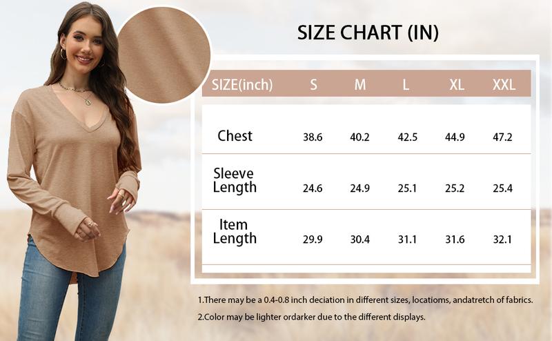 Aswulk Womens Deep V Neck Tunic Tops Long Sleeve Oversized Casual Loose Fit Curved Hem T Shirts