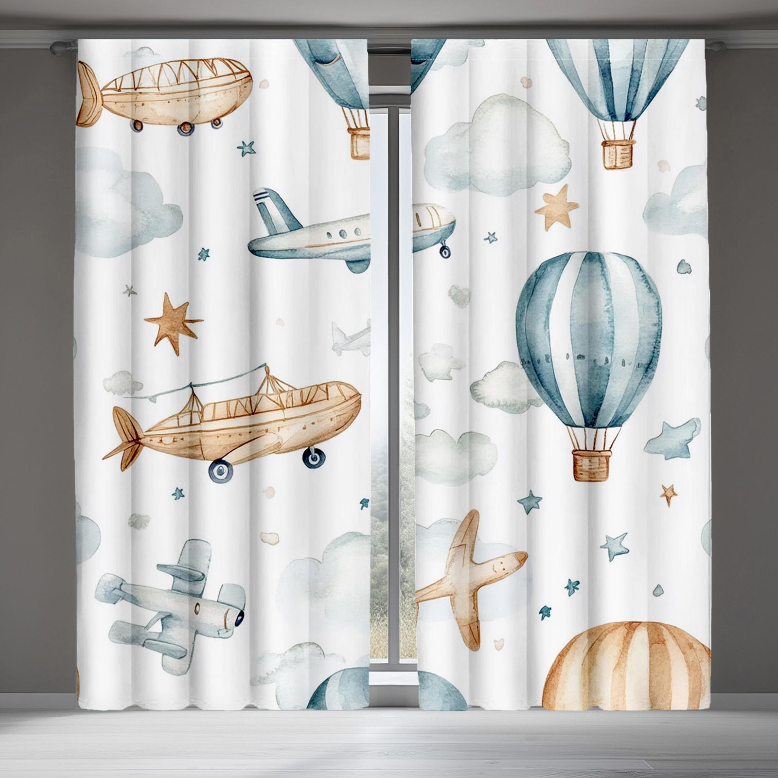 2pcs Cute Animal Curtains with Rainbow Hot Air Balloon & Airplane Design - 100% Polyester Semi-Translucent Rod Pocket Curtains for Bedroom & Living Room, Machine Washable Whimsical Decor, Living Room Curtains, Vintage Airplane Motif, Durable Fabric