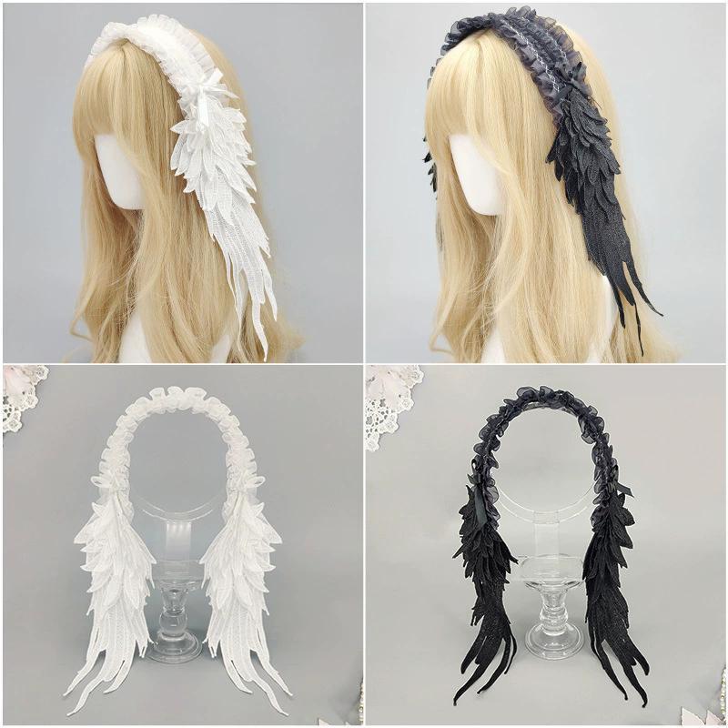 Dark Gothic Lolita Harajuku Hairband Angel Feather Wings Lace Trimmed Headpiece Black& white Lolita Wing Hair Accessories