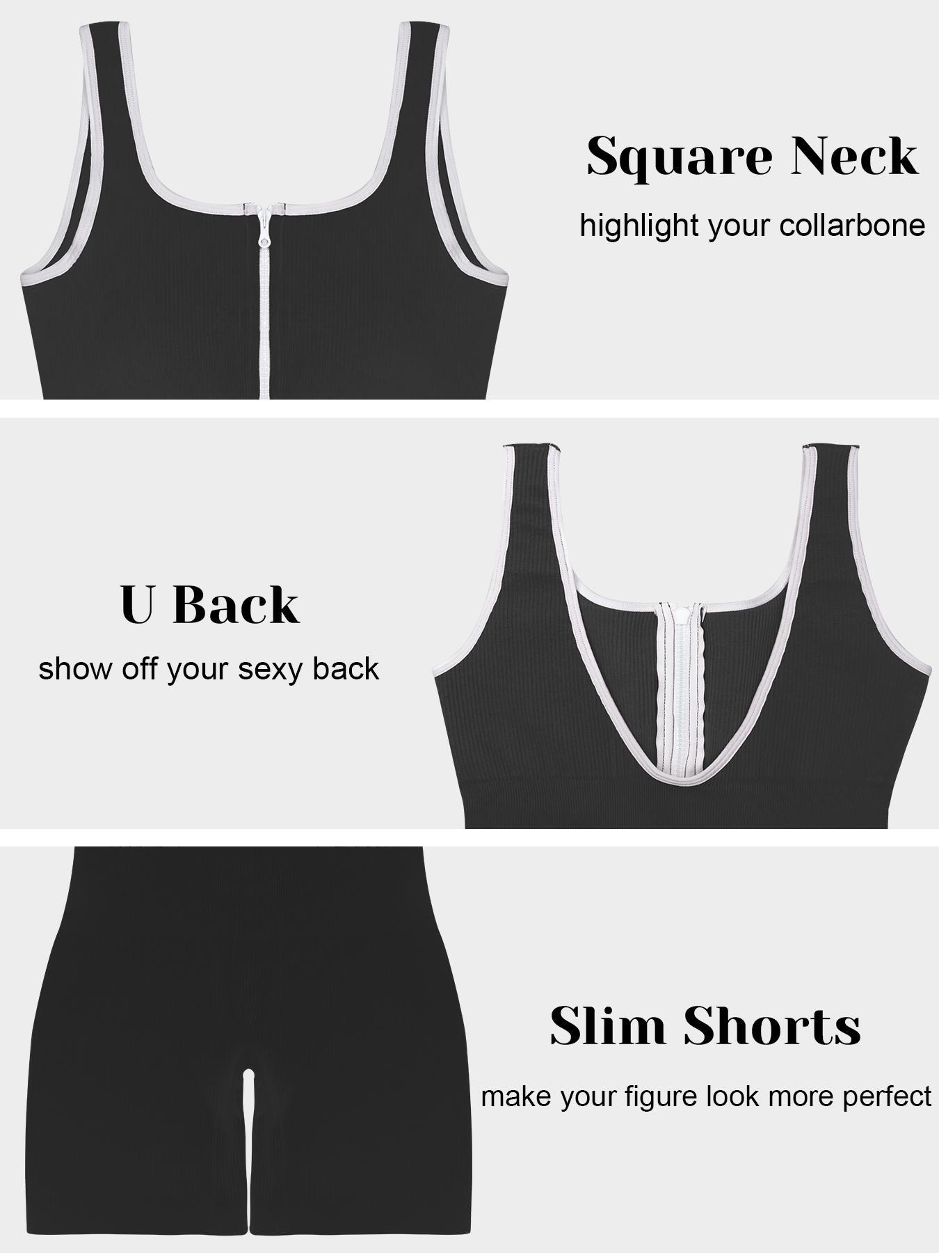 Women's Contrast Binding Zipper Front Zip Up Sports Romper, Sporty Romper, Romper Jumpsuit, Yoga Rompers, Solid Scoop Neck Sleeveless Bodycon Romper for Yoga Gym Workout, Ladies Sportswear for Summer
