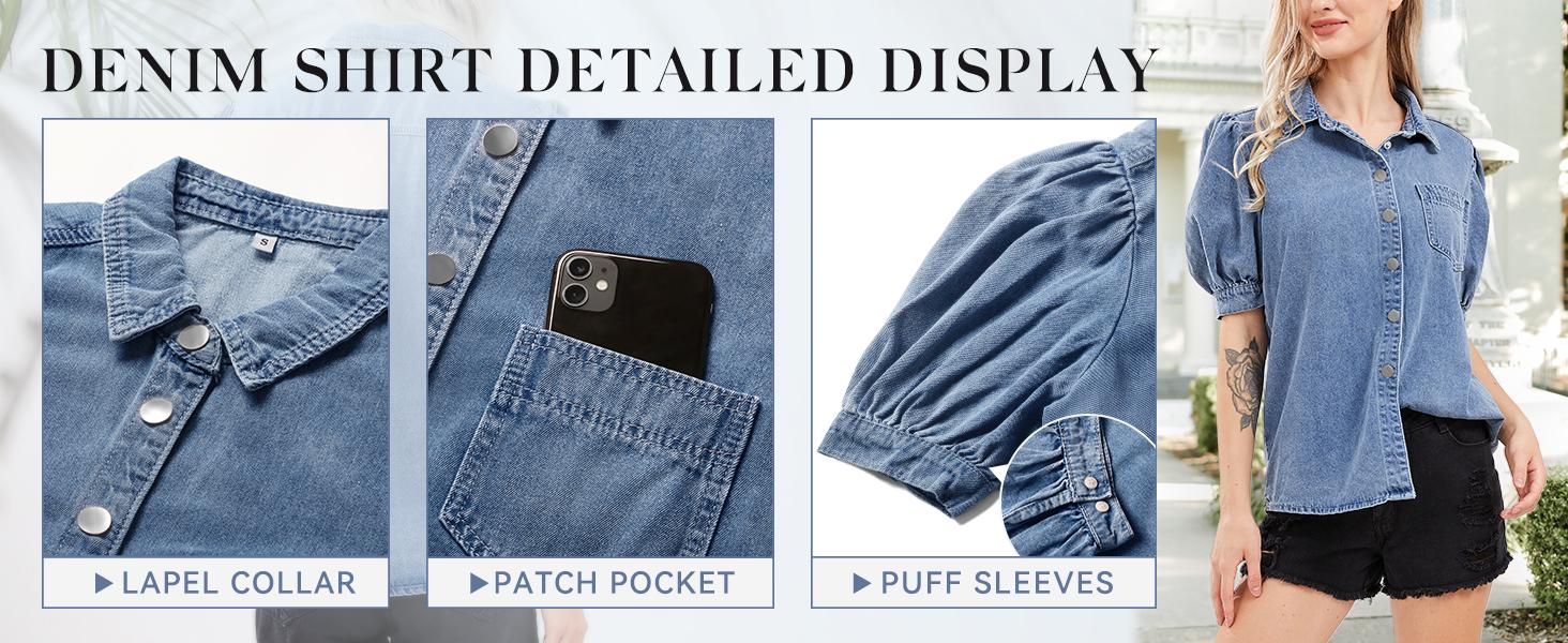 CHARTOU women's casual washed bubble sleeve denim button up shirt cute retro denim short sleeved top