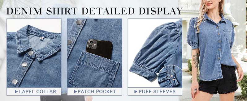 CHARTOU women's casual washed bubble sleeve denim button up shirt cute retro denim short sleeved top