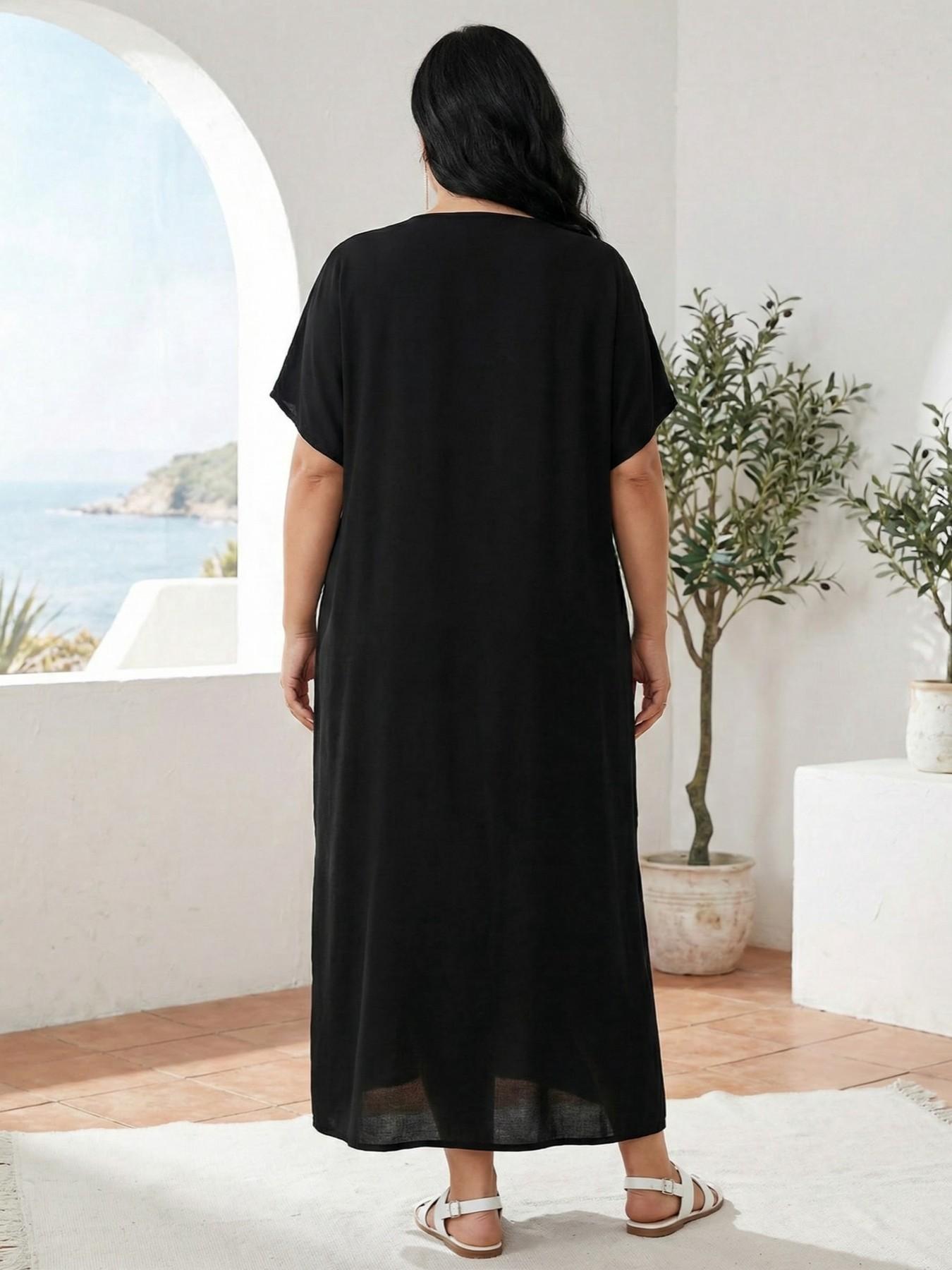 2026Plus Size Ethnic Pattern Embroidered Split Kaftan Dress, Boho Notched Neck Batwing Sleeve Long Dress, Summer Clothing, Women'S Summer Clothes, Modest Clothing Caftan Robe, Muslim Women Gowns, Modesty Muslim Clothing..