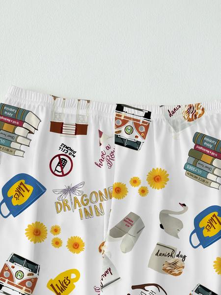 Women's Stars Hollow GG book Pajama Set, Long Sleeve Top & Elastic Waist Pants, Casual Fall Winter Sleepwear, Book and Coffee Cup, Loungewear