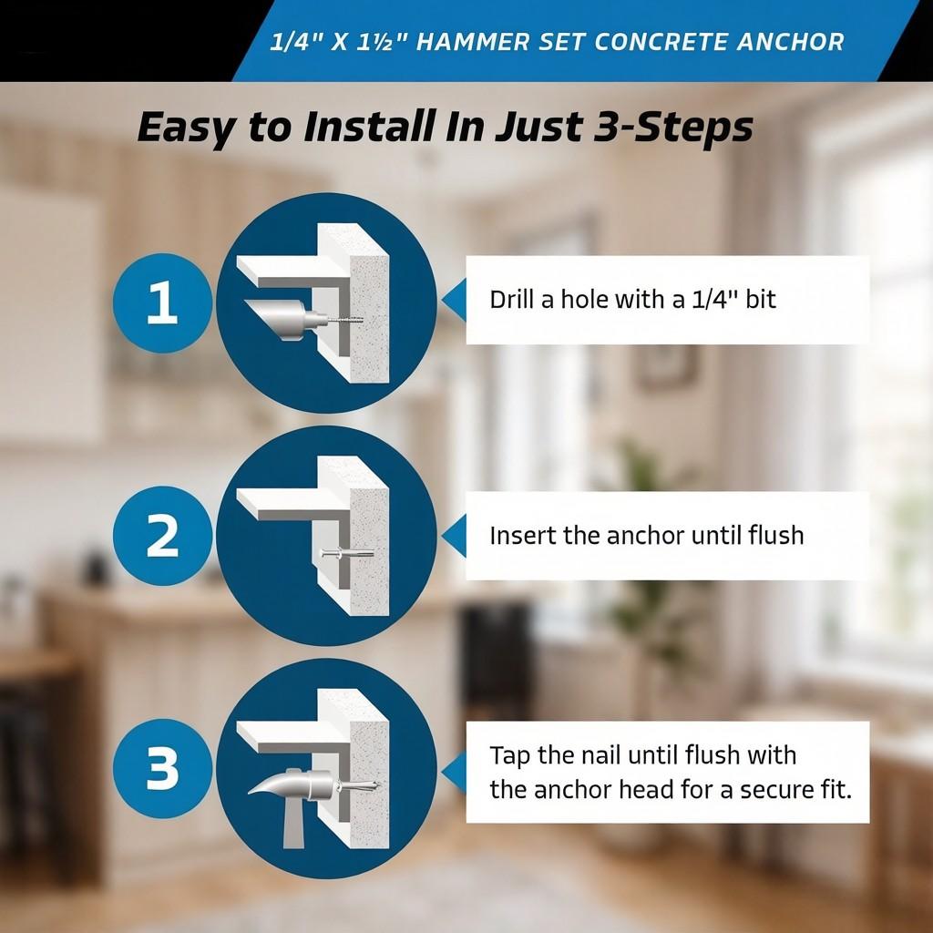 Hammer Drive Concrete Anchors 3-Step Nail-in Anchors, Rust Resistant Electro Galvanized, Expansion Bolt, Concrete Anchors for Walls Cabinets, Easy Install for Shelves Cabinets Curtains Walls Concrete Brick Block