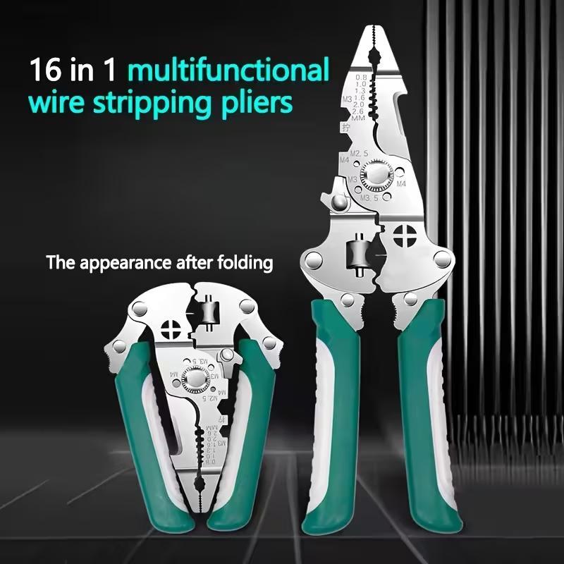 New 16-In-1 Foldable Wire Stripper, Upgraded Multifunctional Professional Cable Cutter, Wirecutters, Ideal for Cutting & Pulling Wires, Tool, Home