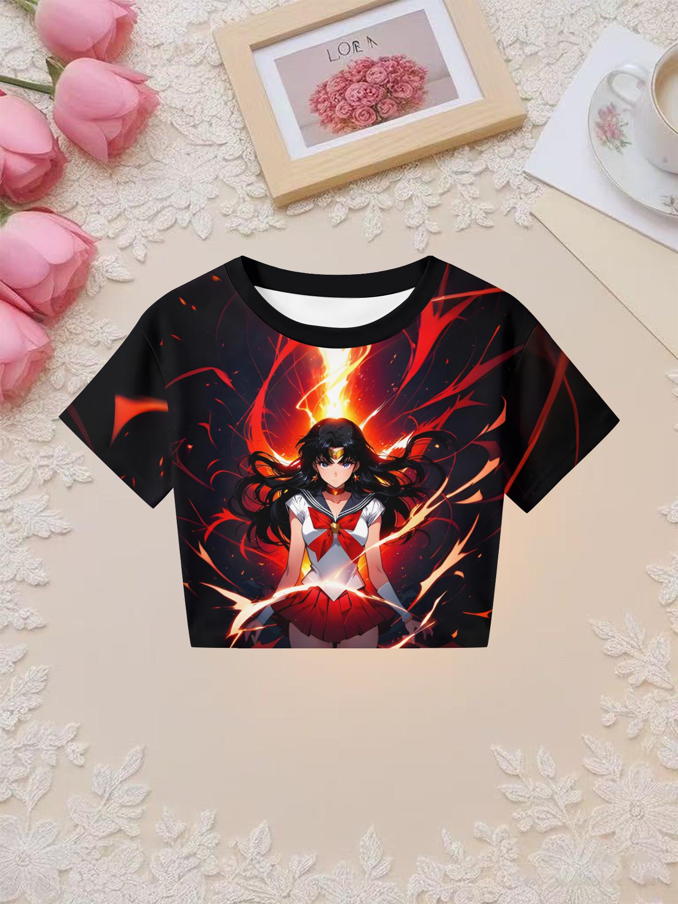 Girls' 3D Sailor Moon Theme Print Set, Flame Two-Piece, Perfect for Parties, Gifts, Birthdays, Casual Slim Fit
