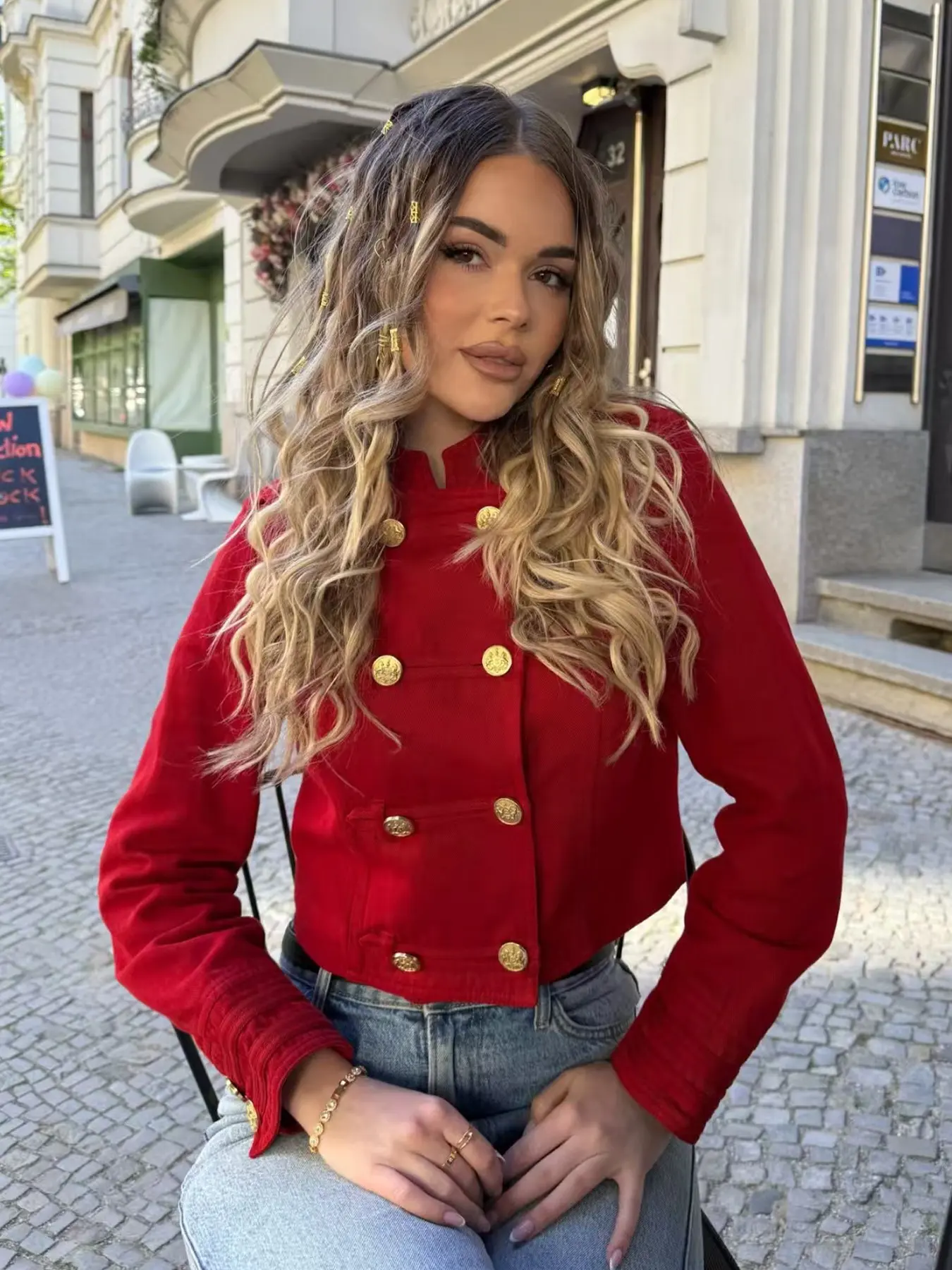 【Black Friday】Women's Jacket Fitted Women's Cropped Slim-Fitting Red Jacket Casual Double Breasted Button Long Sleeve Tops Female Fashion Coat Streetwear Women's Demi-Season Jacket Cropped Jackets