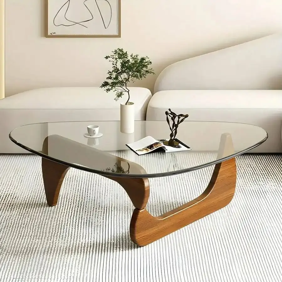Sturdy Transparent Top Triangular Glass Coffee Table with Walnut Wooden Base - Abstract Look, Marble-Inlay Mirrored Console Table with Casters, Versatile and Comfortable for Living Room, Hotel Balcony Use