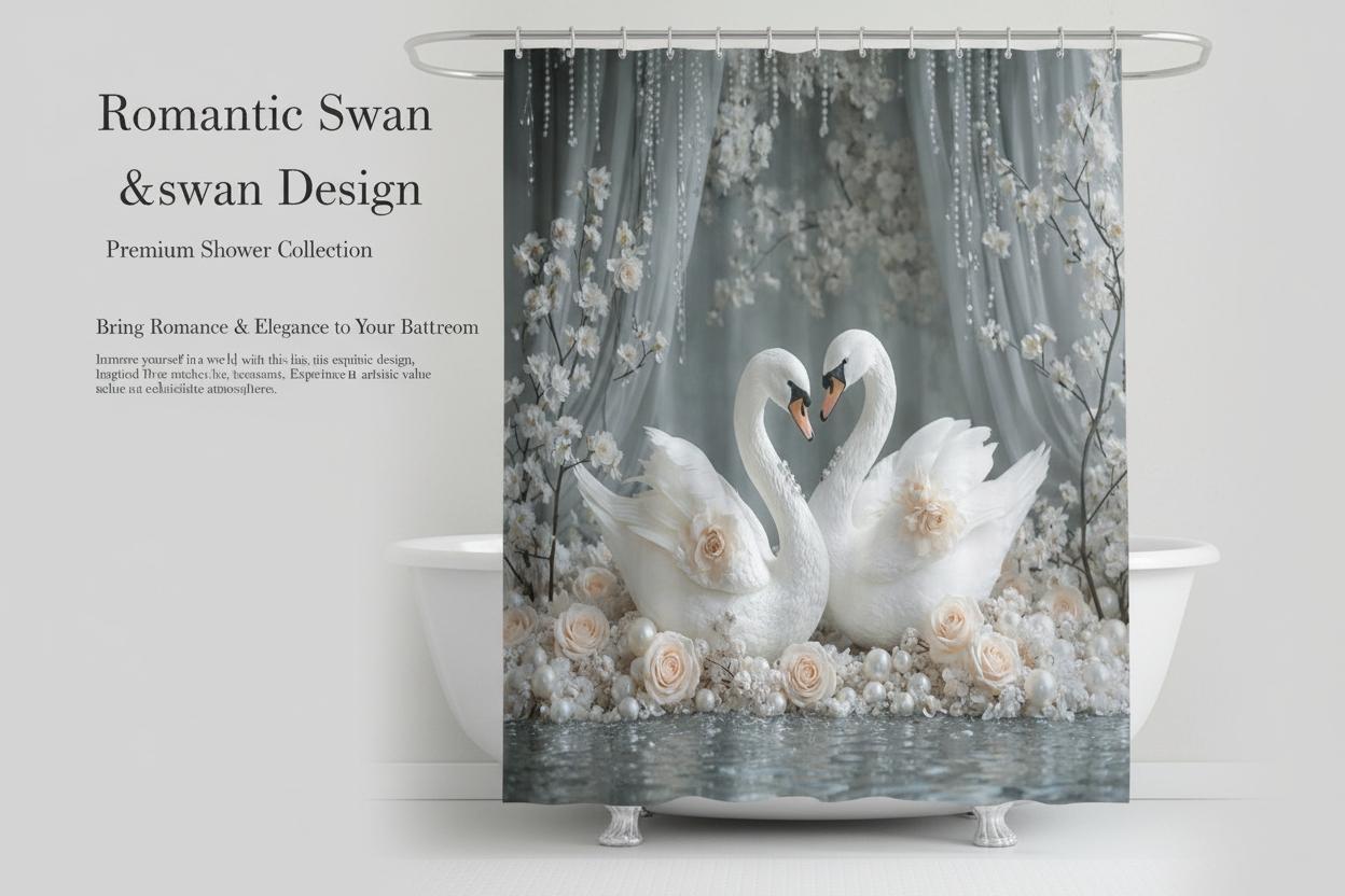 Swan Rose Bathroom Curtain, Embrace Pattern Shower Curtain, Fresh Natural Style Privacy Screen, Home Bath Decor, Includes Hooks