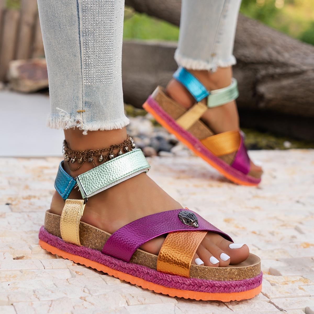 Dopamine flip-flops, multicolored metal accents, thick-soled woven edges, velcro-fastened casual beach shoes, Summer