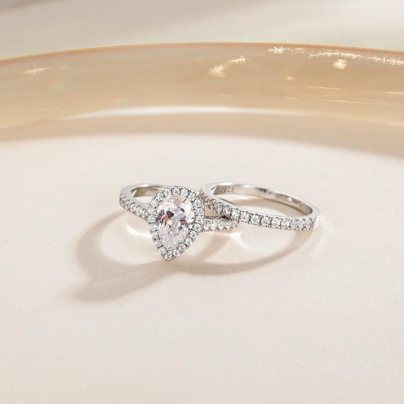 EAMTI 1.5CT 925 Sterling Silver Wedding Band Teardrop Bridal Rings Sets Halo Cubic Zirconia Solitaire Promise Engagement Rings for Women