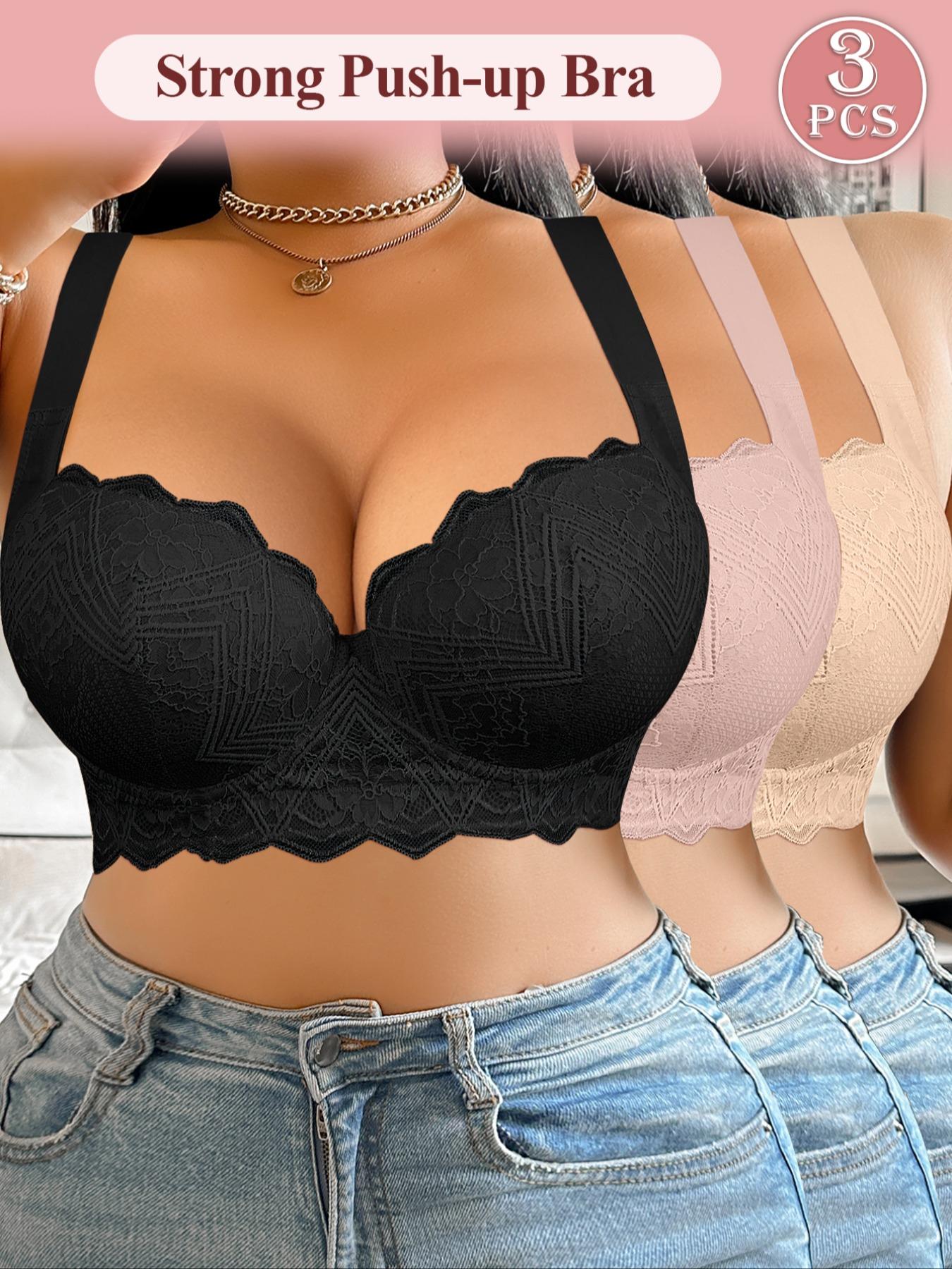 【Plus Size】 Solid Color Underwire Bra, Casual Comfy Breathable Lace Bra for Daily Wear, Women's Plus Size Lingerie for All Seasons