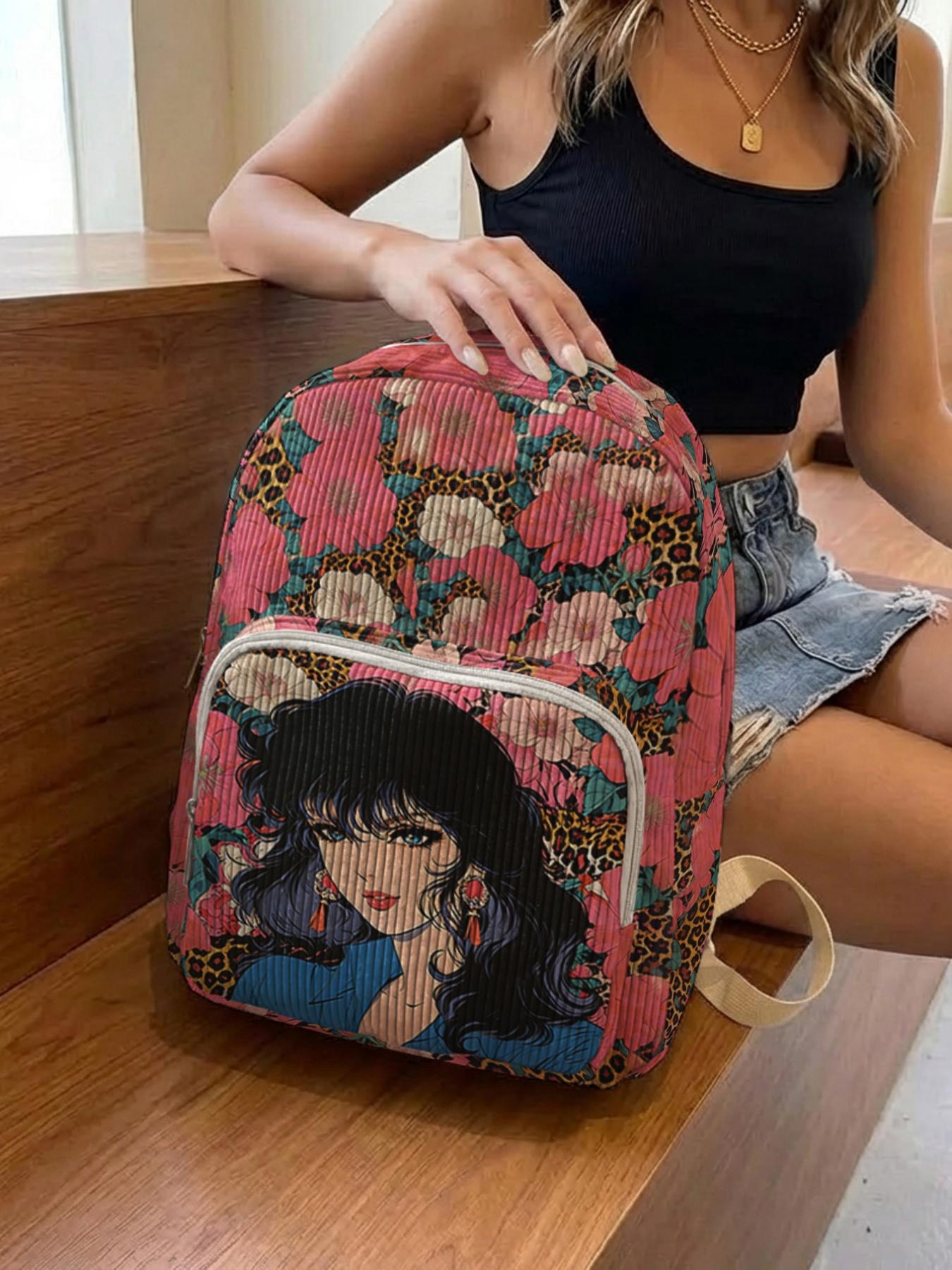 1 piece of woman in the flower bed pattern 2D printed lady's backpack, corduroy texture + layered storage + light weight reduction | perfect for students going to class/shopping/short trips | combining atmosphere and practicality Lightweight Backpack