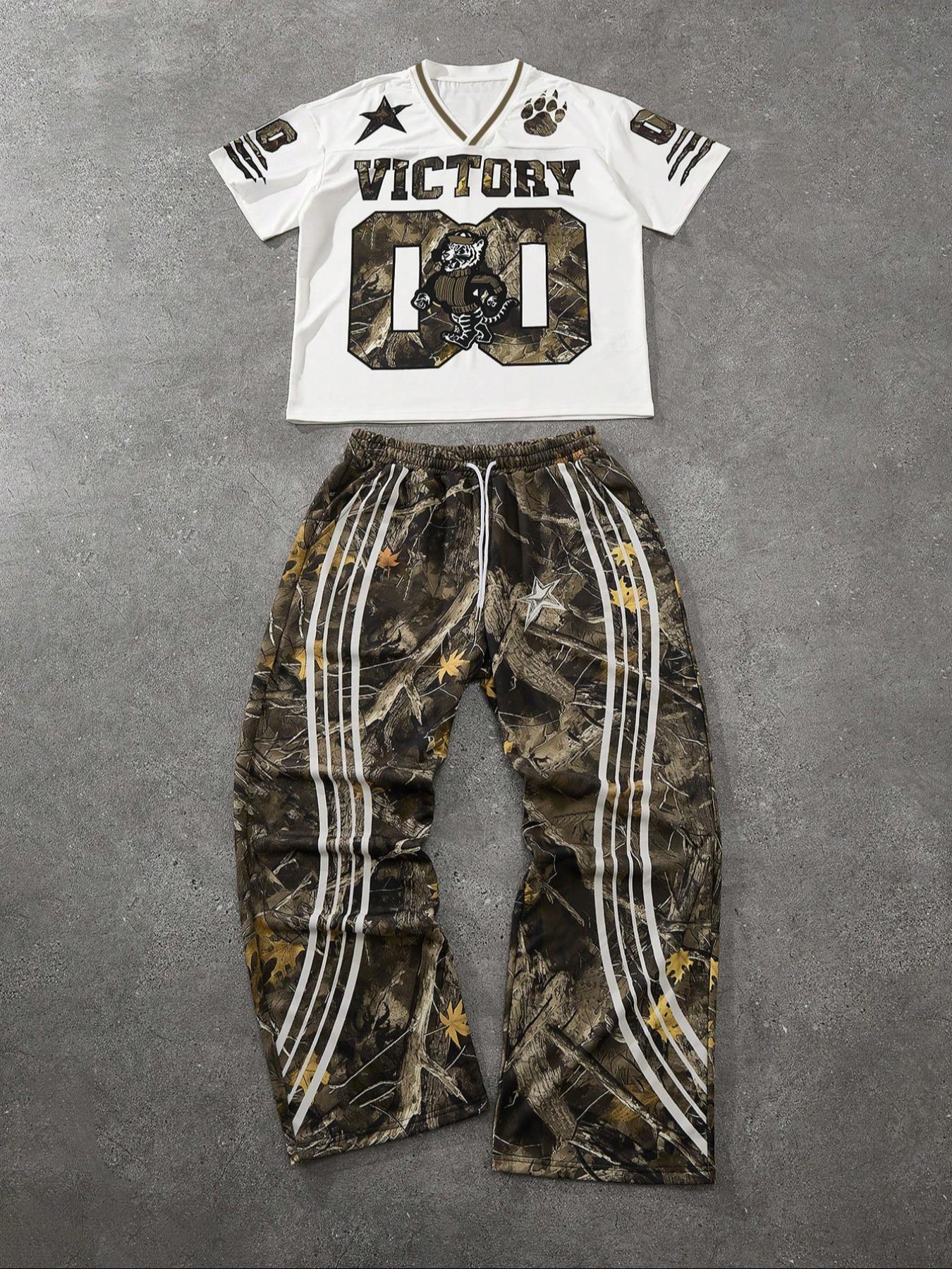 Men's Letter & Star Print Tee & Striped Trim Pants Pyjama Two-piece Set, Men's Sleepwear for Summer